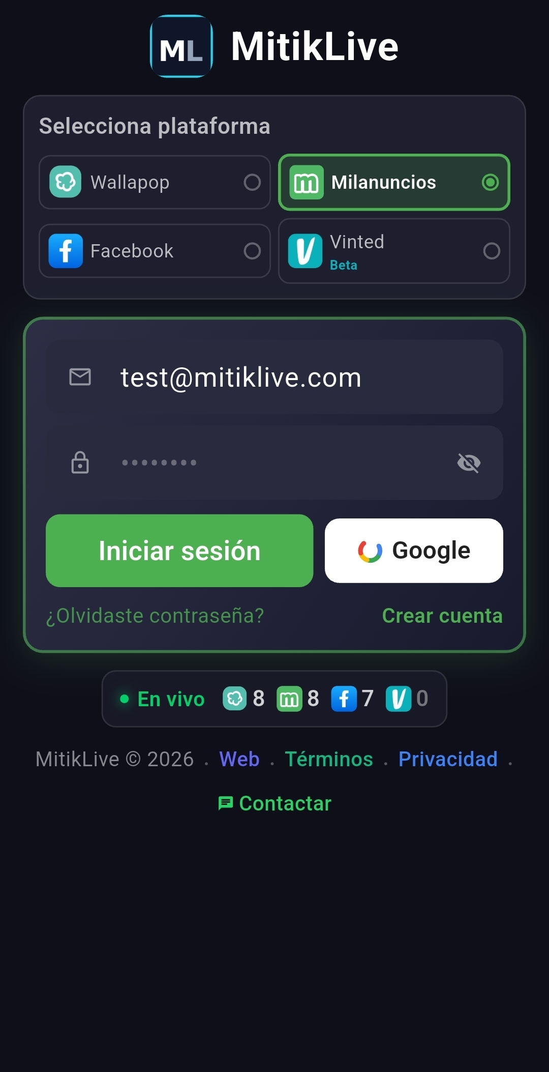 Pantalla de login de MitikLive