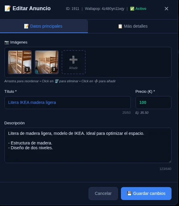Editor de anuncio - Datos principales